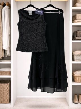 Papell Boutique Evening 2 Piece Black Beaded Mother of the Bride Formal Petite